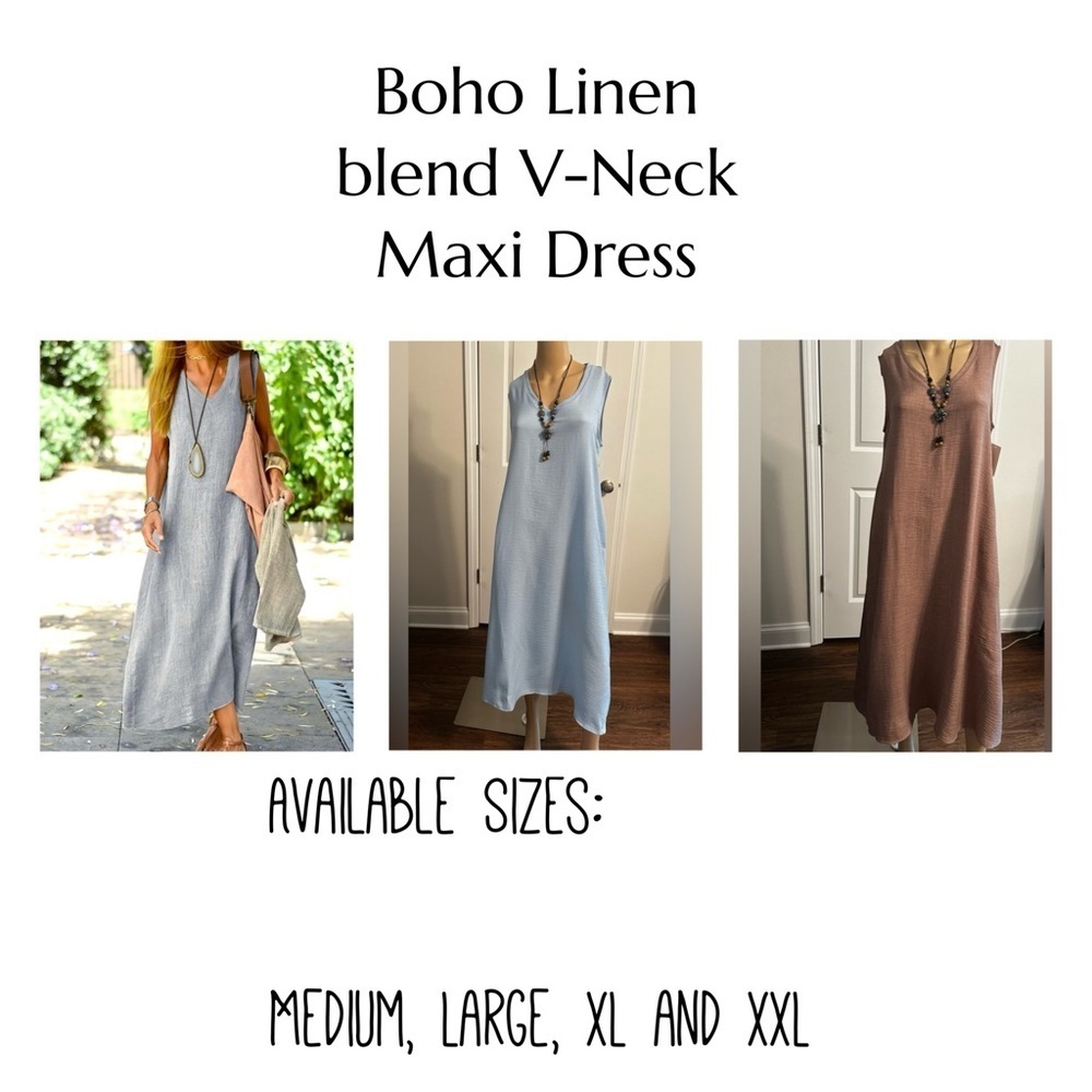 NIP-Boho Linen blend V-Neck Maxi Dress (Pockets)